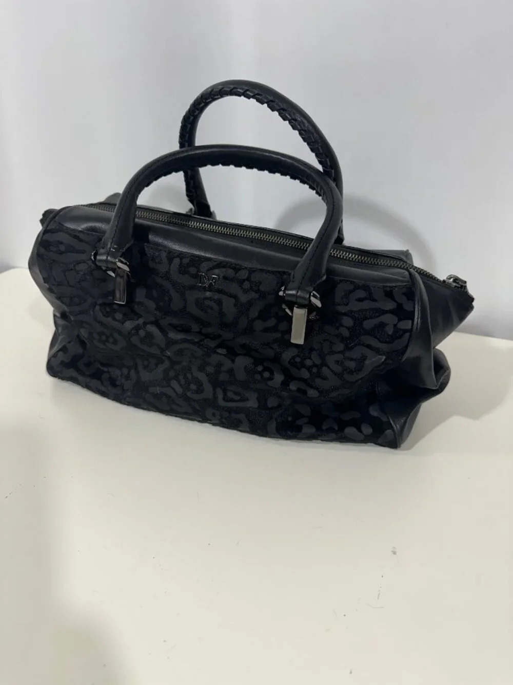 Diane von Furstenberg Drew Black Leopard Haircalf Leather Satchel Bag DVF Purse